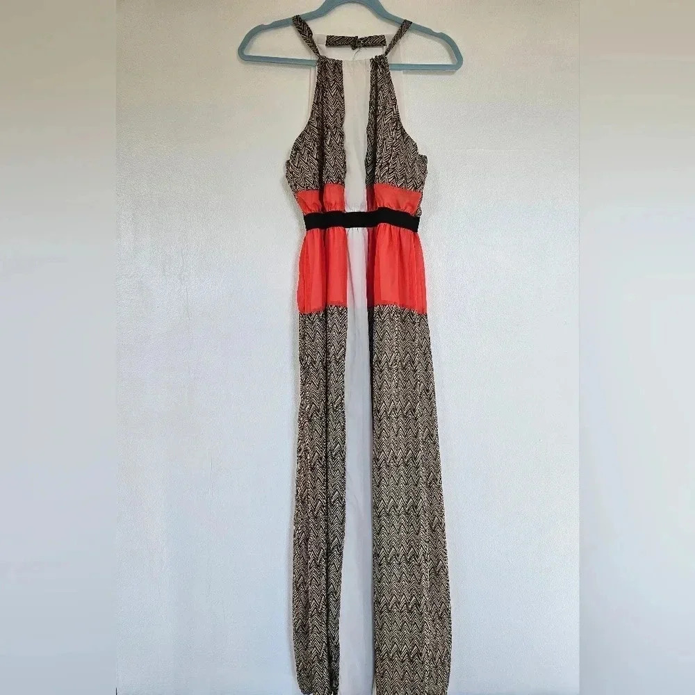 Crystal Doll Maxi Dress Geometric Print Coral White Black Halter Neck M